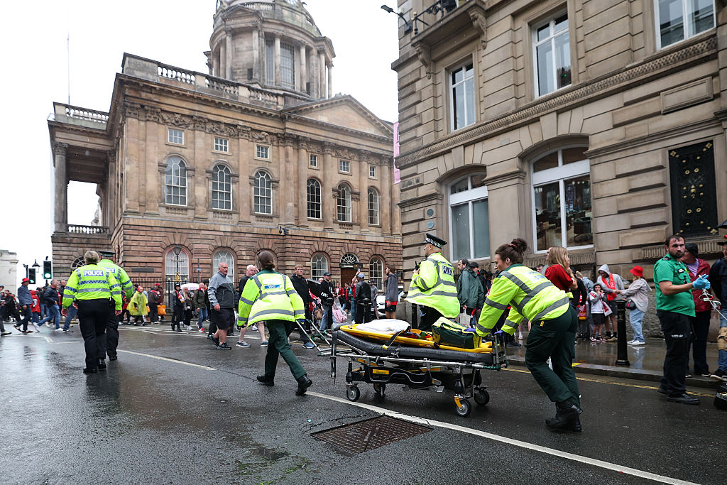 A large emergency service presence is pictured on Water Street after a car reportedly drives into the crowd during the Liverpool Trophy Parade on May 26, 2025 in Liverpool, England.