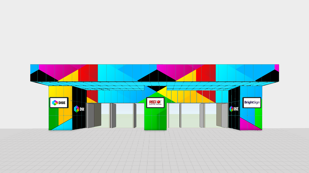 A conceptual rendering of the digital signage archway created by BrightSign and Red Dot Digital Media at DSE 2022.