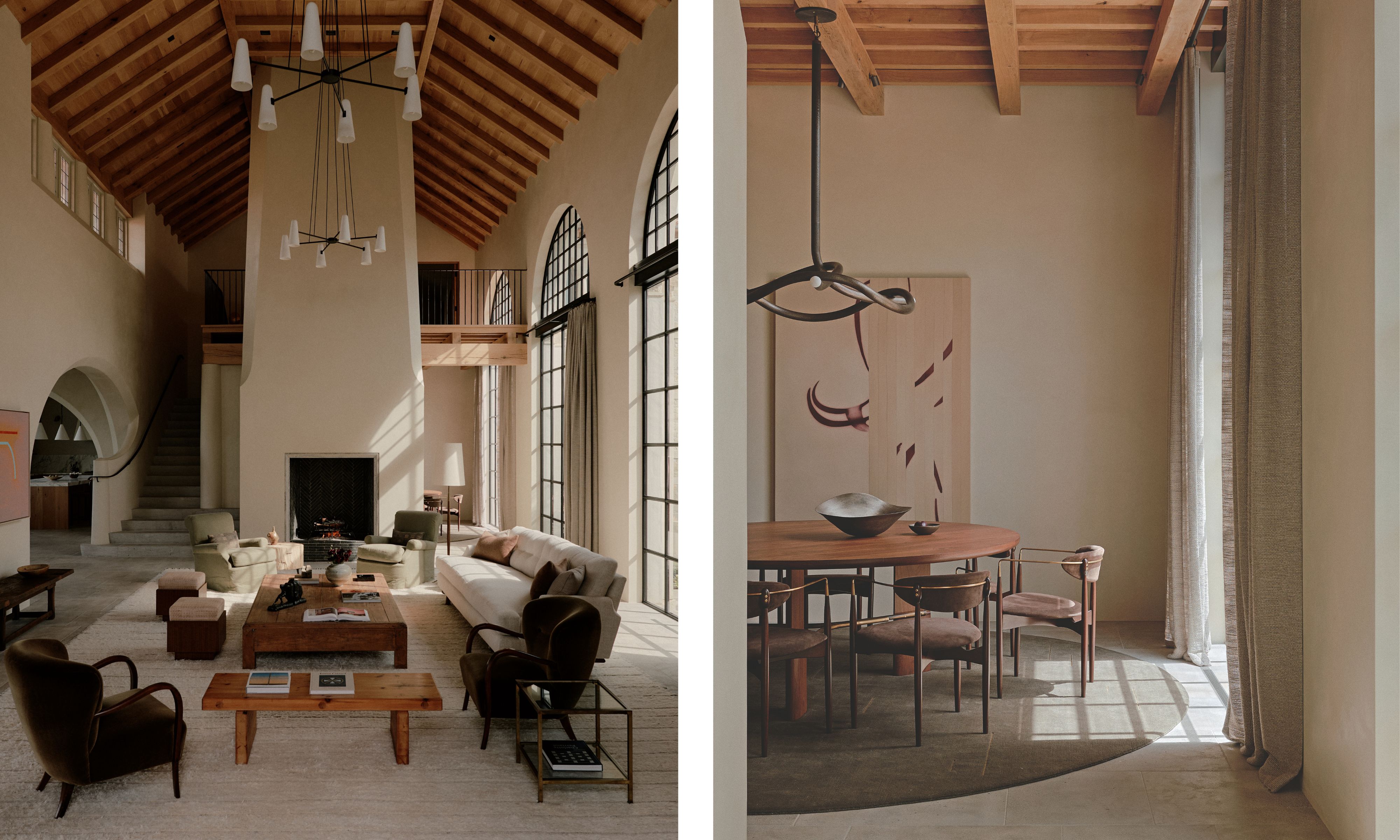 Left image: a large living room with tall wooden clad ceilings and a fireplace. The furniture is a mix of soft neutrals and wooden accents. Right image: A neutral dining room with wooden paneled ceiling and an oval wooden dining chair