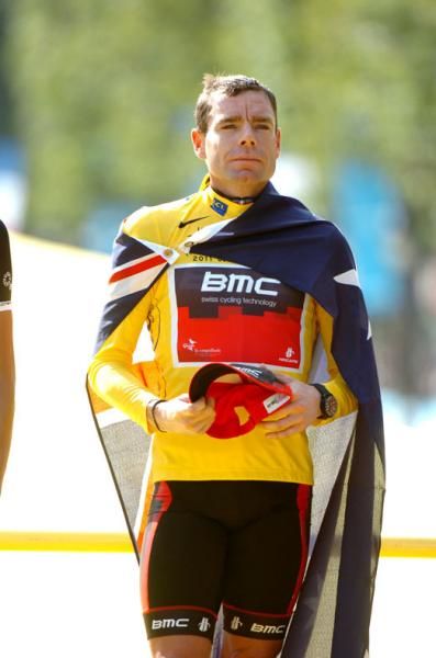 Cadel Evans (BMC) draped in the Australian flag.