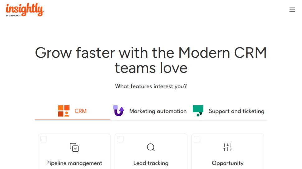 Insightly CRM website screenshot (March 2026).