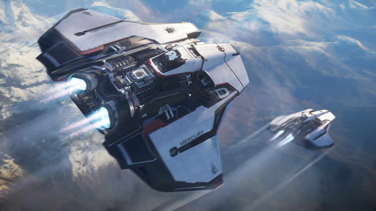 Spaceships flying through a planet&#039;s atmosphere in Star Citizen.