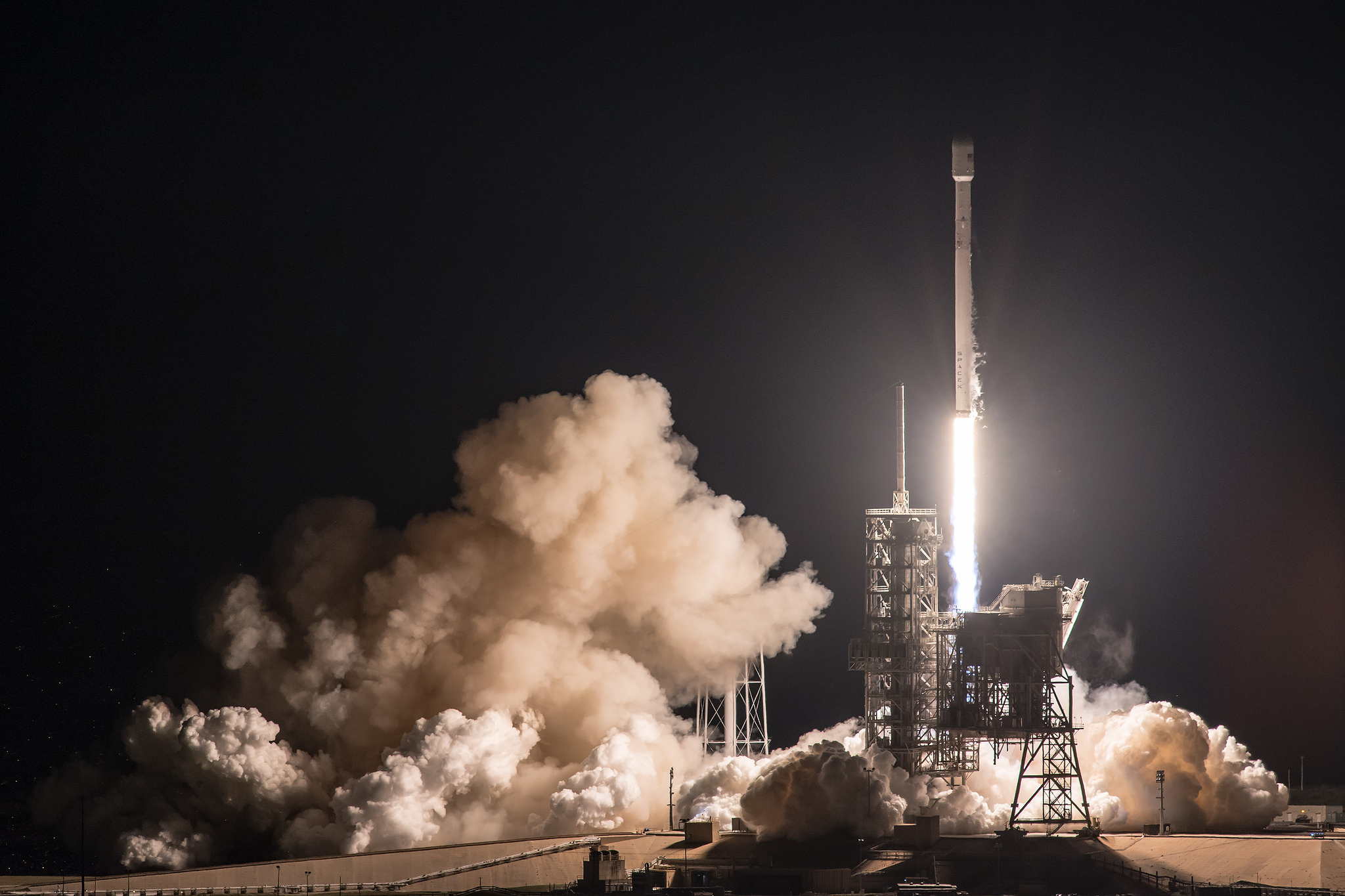 A SpaceX Falcon 9 rocket carrying the EchoStar 23 communications satellite launches from Pad 39A at NASA&#039;s Kennedy Space Center in Cape Canaveral, Florida early on March 16, 2017.