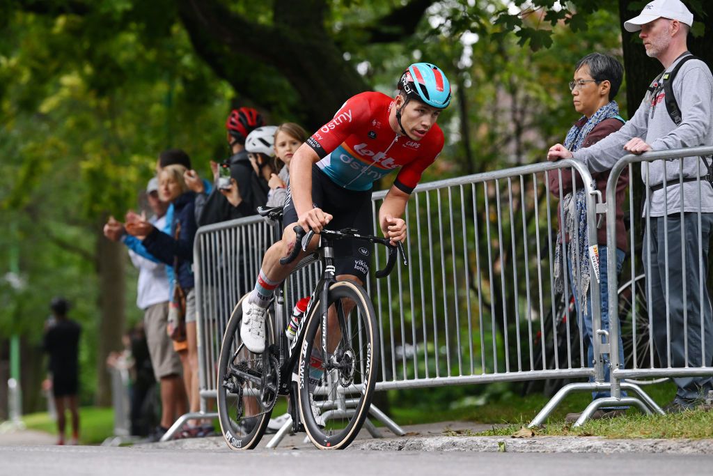 MONTREAL QUEBEC SEPTEMBER 10 Arnaud De Lie of Belgium and Team Lotto Dstny attacks during to the 12th Grand Prix Cycliste de Montreal 2023 a 2214km one day race from Montreal to Montreal UCIWT on September 10 2023 in Montreal Quebec Photo by Dario BelingheriGetty Images