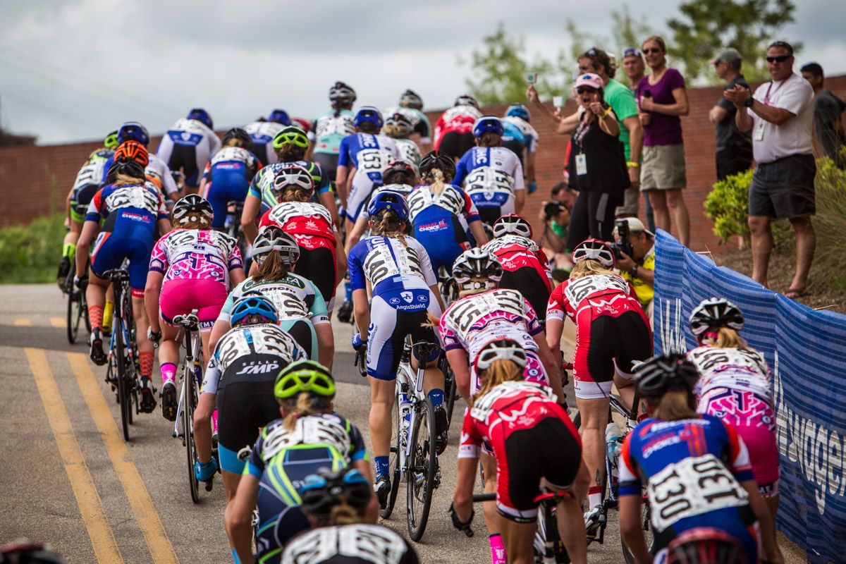 The women make it over the climb on the back side of the cour
