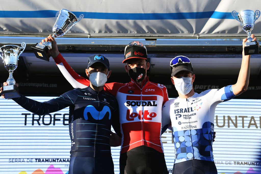 LLOSETA SPAIN JANUARY 28 LR Alejandro Valverde Belmonte of Spain and Movistar Team on second place race winner Tim Wellens of Belgium and Team Lotto Soudal and Simon Clarke of Australia and Israel StartUp Nation Team on third place pose on the podium ceremony after the 31st Challenge Ciclista Mallorca 2022 Trofeo Serra De Tramuntana a 1589km race from Lloseta to Lloseta ChallengeMallorca on January 28 2022 in Lloseta Spain Photo by Tim de WaeleGetty Images