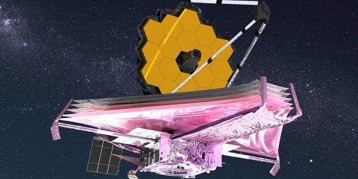 An artistic representation of the James Webb Space Telescope with its sunshield deployed.