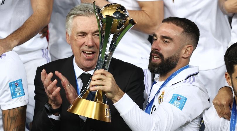 Real Madrid coach Carlo Ancelotti and defender Dani Carvajal celebrate the club&#039;s FIFA Club World Cup win in Morocco in February 2023.