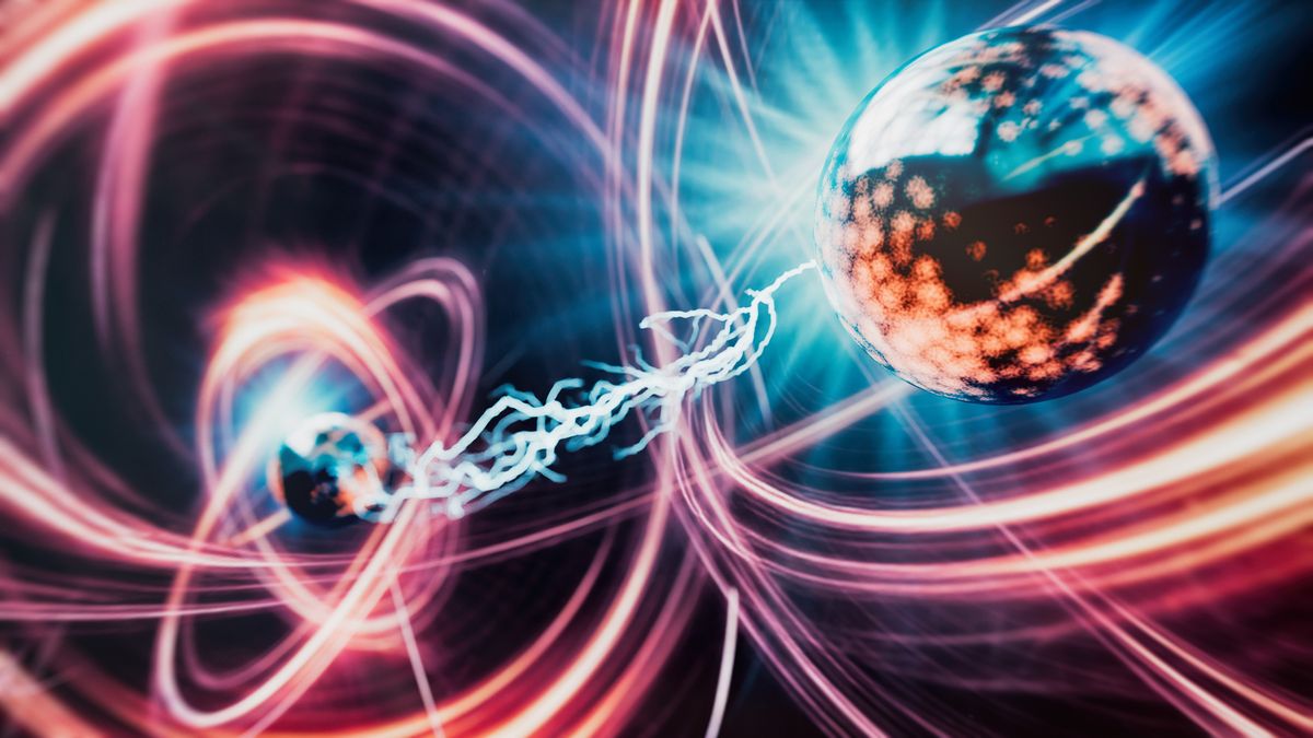 Artist&#039;s illustration of the quantum world. Two spherical shapes are connected by a series of blue sparks/strings, they are subsequently surrounded by glowing orange and red streaks of light, the scene is very abstract.