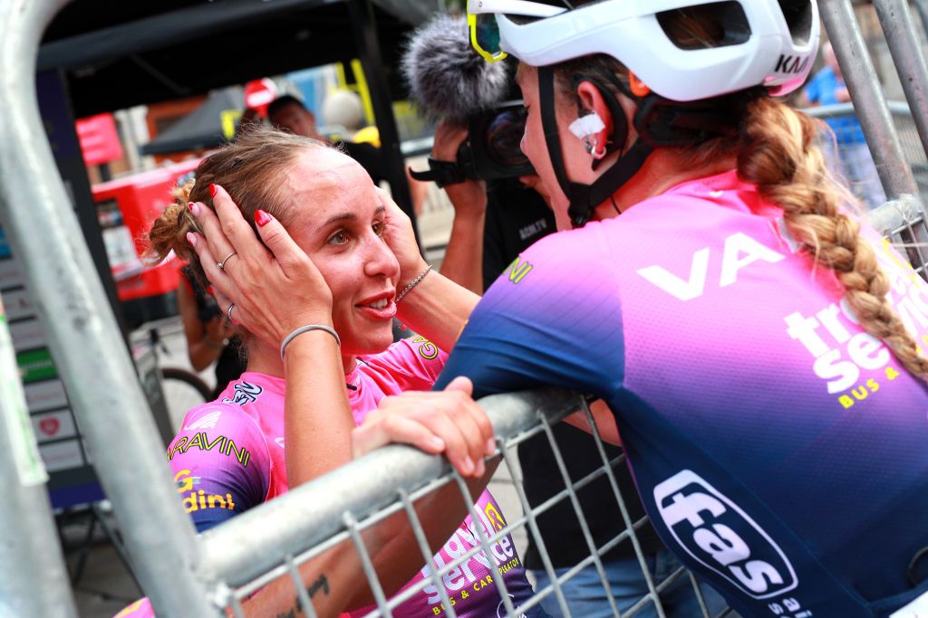 SEGOVIA SPAIN SEPTEMBER 10 LR Stage winner Silvia Persico of Italy and Team Valcar Travel Service celebrates at finish line with her teammate Karolina Kumiega of Poland during the 8th Ceratizit Challenge By La Vuelta 2022 Stage 4 a 1604km stage from Palencia to Segovia 1005m CERATIZITChallenge22 UCIWWT on on September 10 2022 in Segovia Spain Photo by Gonzalo Arroyo MorenoGetty Images