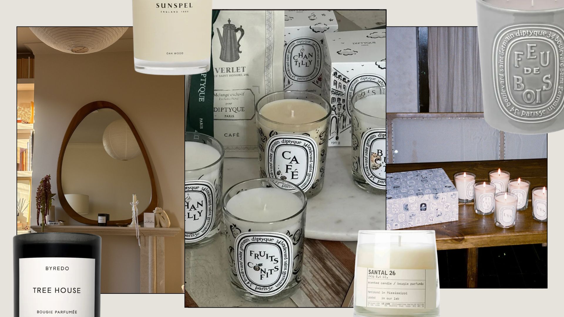 A collage of luxury candle lifestyle imagery and product cut outs