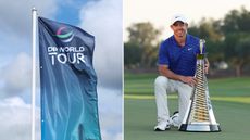 (left) DP World Tour flag flaps in the wind and Rory McIlroy poses with the Race To Dubai trophy (right)