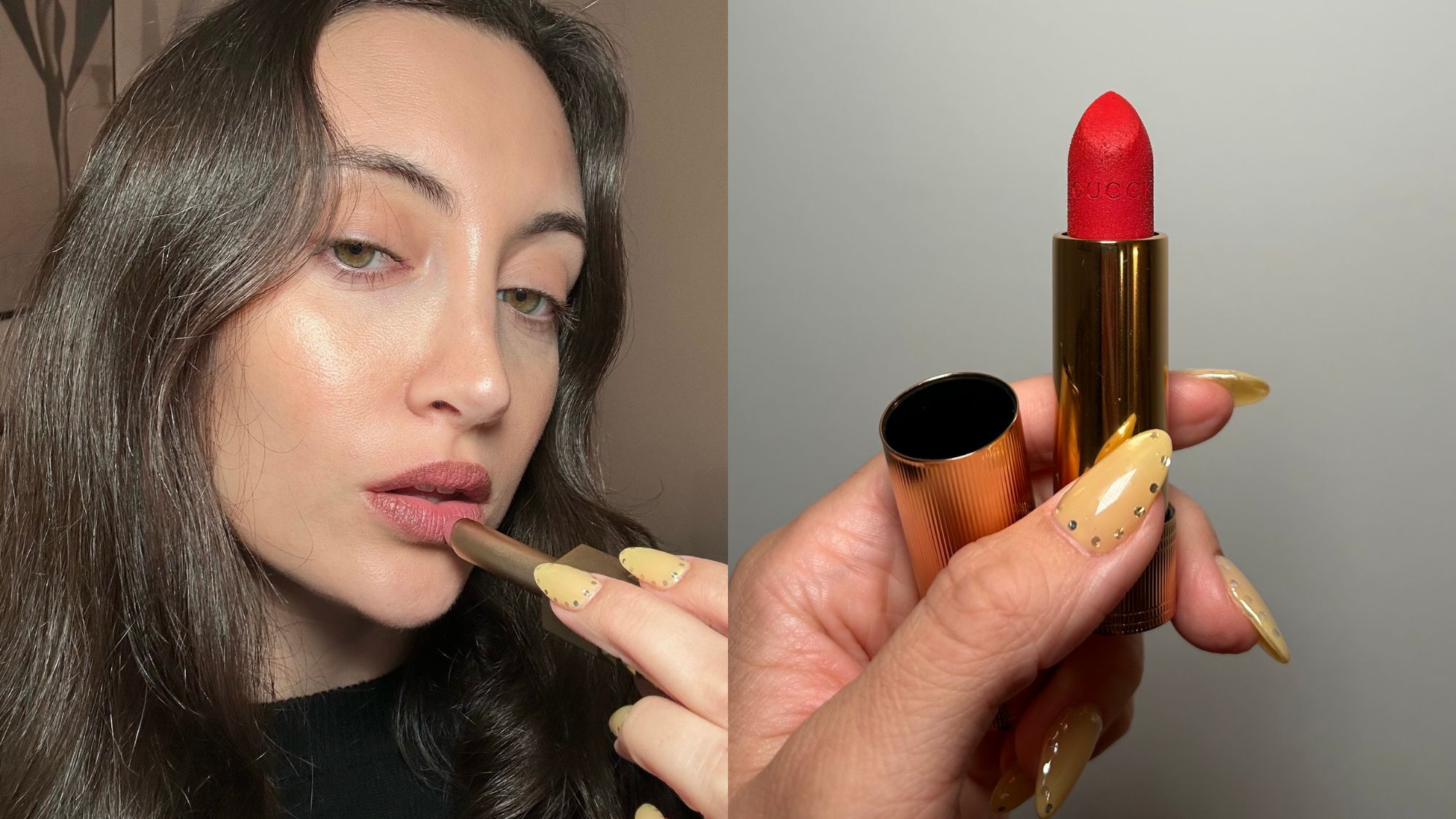 Who What Wear associate beauty editor Alyssa Brascia holding and applying different long-lasting lipsticks.