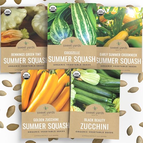 Organic Summer Squash Seeds Variety Pack - 5 Individual Packs - 2026 Season - Black Beauty, Cocozelle, Golden Zucchini and More! for Indoor &amp;amp; Outdoor Planting (non-Gmo, Certified Organic)