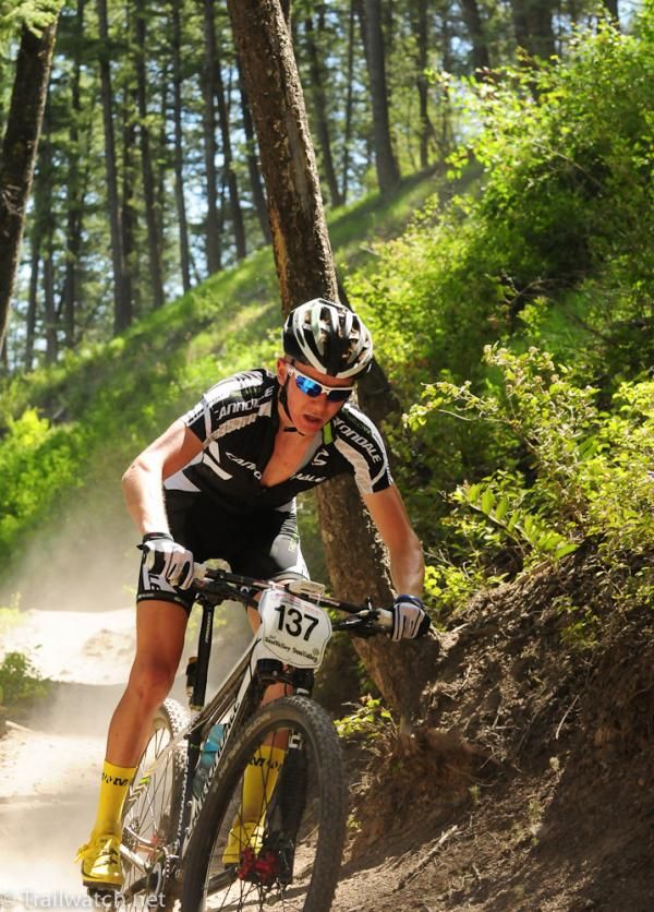 Keegan Swenson (Cannondale) rounding a switchback in the 17-18 race