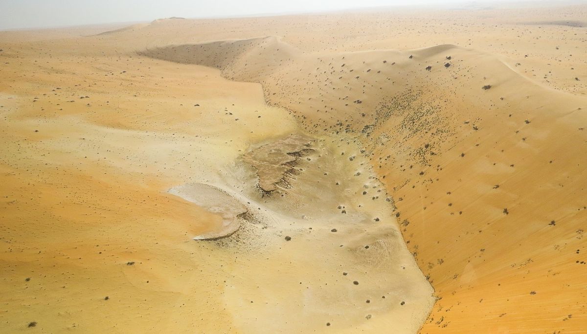 The Nefud desert today, with palaeolake sediments exposed between dunes. The sediments of an ancient lake can be seen between the dunes in this photograph. 