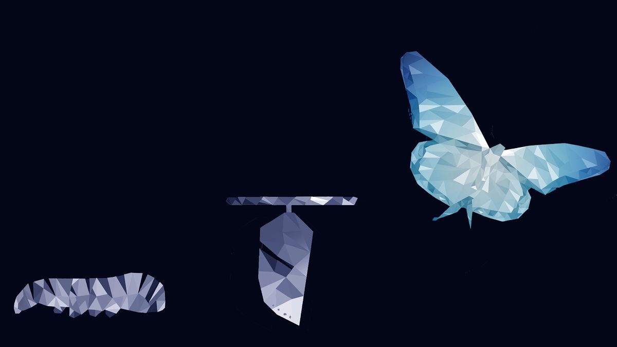 A dark blue abstract caterpillar transforming into a dark blue chrysalis then a light blue butterfly