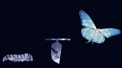 A dark blue abstract caterpillar transforming into a dark blue chrysalis then a light blue butterfly