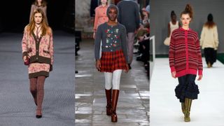 A composite of models on the runway showing winter 2022 fashion trends cardigans
