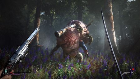 Large monster stands in field of purple flowers