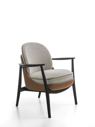 Milan Design Week Porada Ginkgo accent chair in wood legs, leather shell and grey seat
