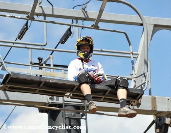 Aaron Gwin (Trek World Racing) rides the chairlift in Windham on his way to start