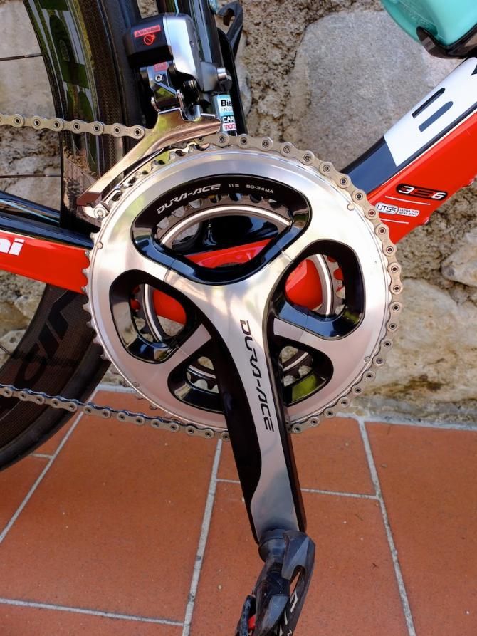 A 50/34 compact Dura Ace chainset and Di2 front mech