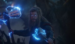 Avengers: Endgame Fat Thor wields Stormbreaker and Mjolnir
