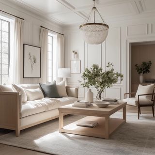 Living room with white walls with delicate two-part moulding as panels on the walls and ceiling, and neutral furniture