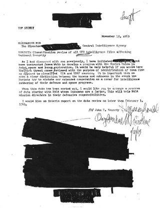 A redacted CIA memo that some claim suggests President John F. Kennedy wanted more information on UFOs during the Cold War.