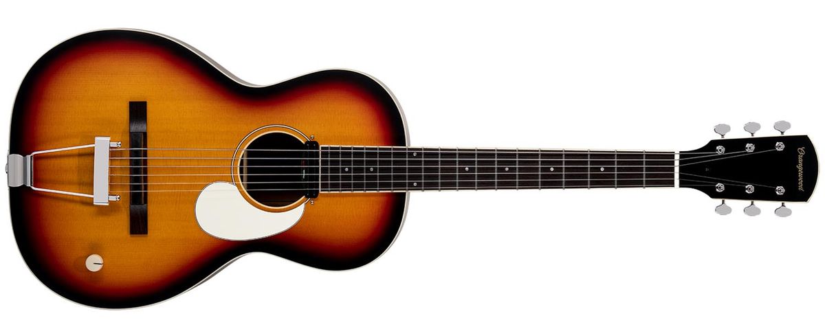 Orangewood Juniper, a parlour-sized acoustic fitted with a rubber bridge and a rail humbucker
