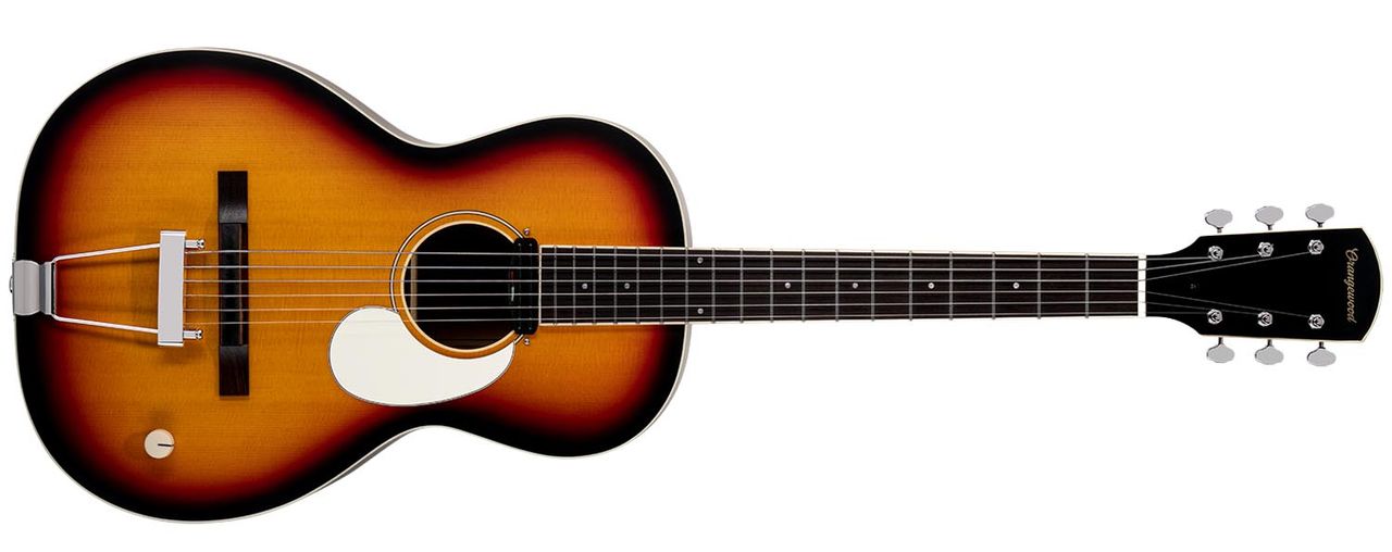Orangewood Juniper, a parlour-sized acoustic fitted with a rubber bridge and a rail humbucker