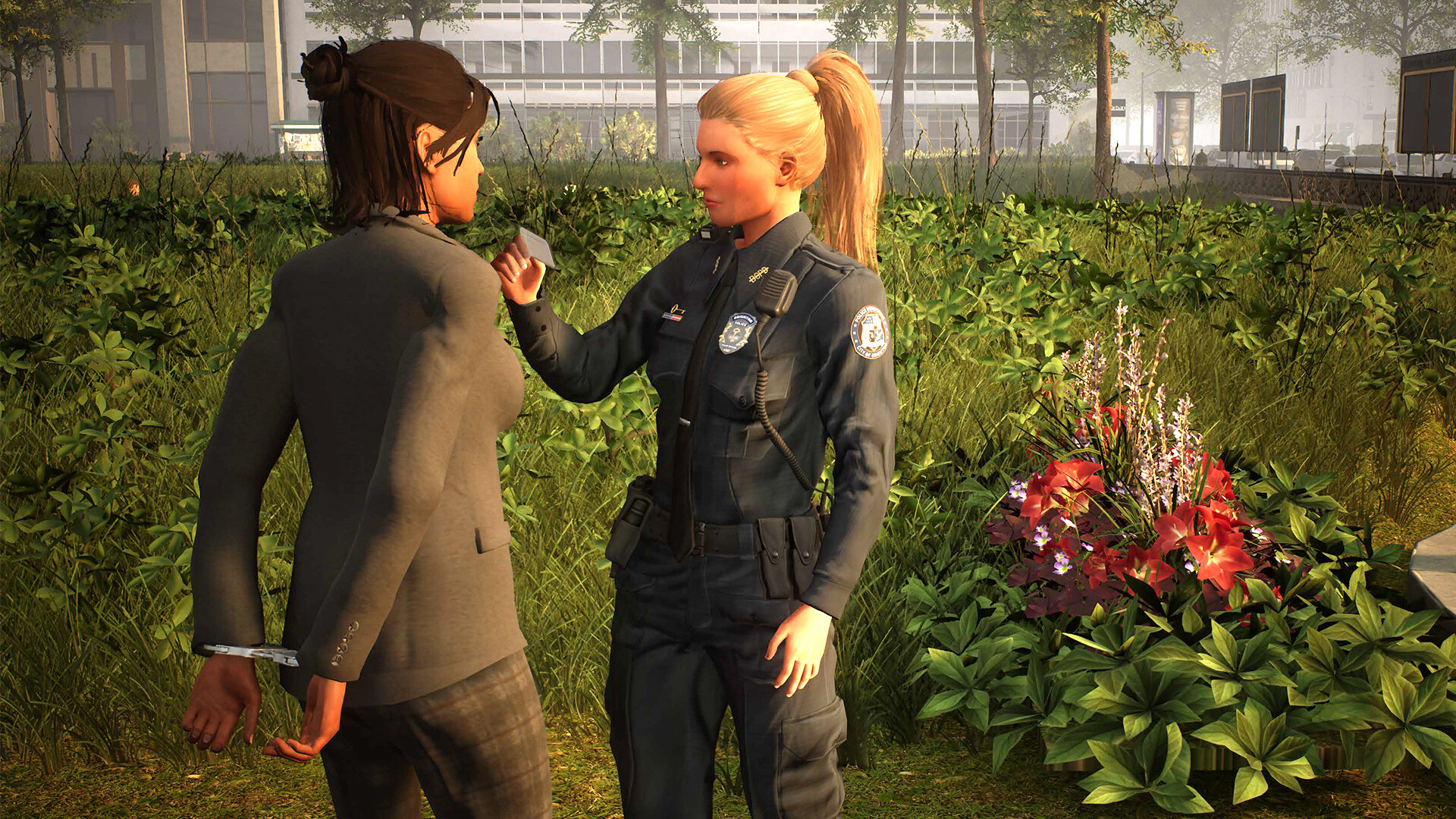 Promotional screenshot of a police officer arresting someone in Police Simulator: Patrol Officers