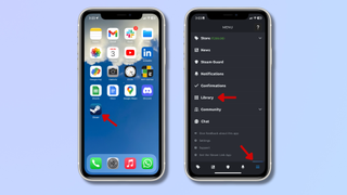 The first screenshot is of the iPhone homepage, with a red arrow pointing at the Steam app. The second screenshot shows the Steam app with red arrows pointing at the Menu icon and Library. 