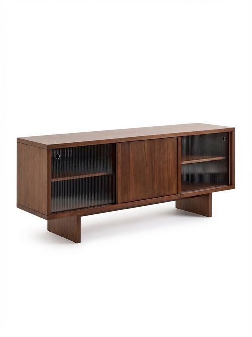 Dello 3-Door Sideboard in Walnut Veneer and Ribbed Glass