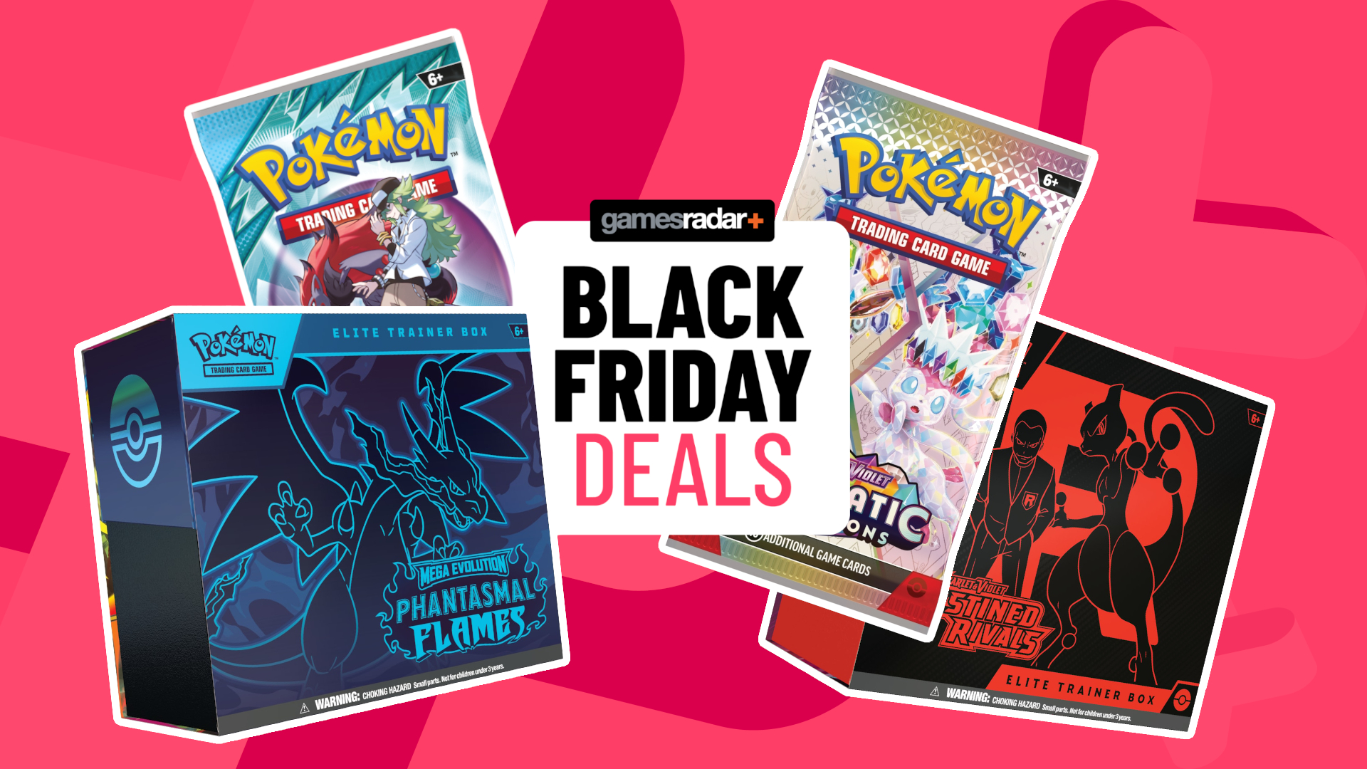Phantasmal Flames, Journey Together, Prismatic Evolutions, and Destined Rivals products on either side of a GamesRadar+ Black Friday deals badge, all against a pink background