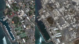 Two images side by side, with the left showing a bustling coastal city next to the water and the right showing the same landscape but with houses and buildings completely destroyed