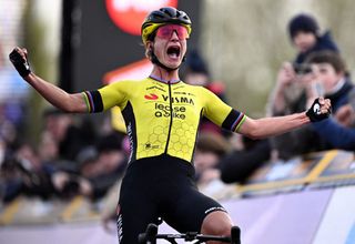 Dutch Marianne Vos of Team Visma-Lease a Bike celebrates after winning the women elite race of the 'Dwars Door Vlaanderen' cycling race, 129,9 km with start and finish in Waregem, Wednesday 27 March 2024. BELGA PHOTO JASPER JACOBS (Photo by JASPER JACOBS / BELGA MAG / Belga via AFP)