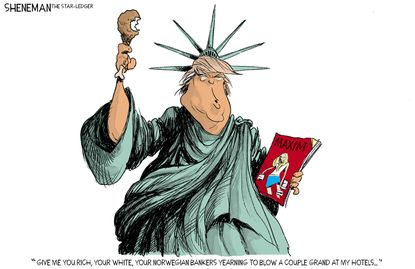 Political Cartoon Trump Statue of Liberty Give Me Your Norwegian Bankers