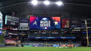 World Series 2021 logo on a big screen at Houston Astros Minute Maid Park
