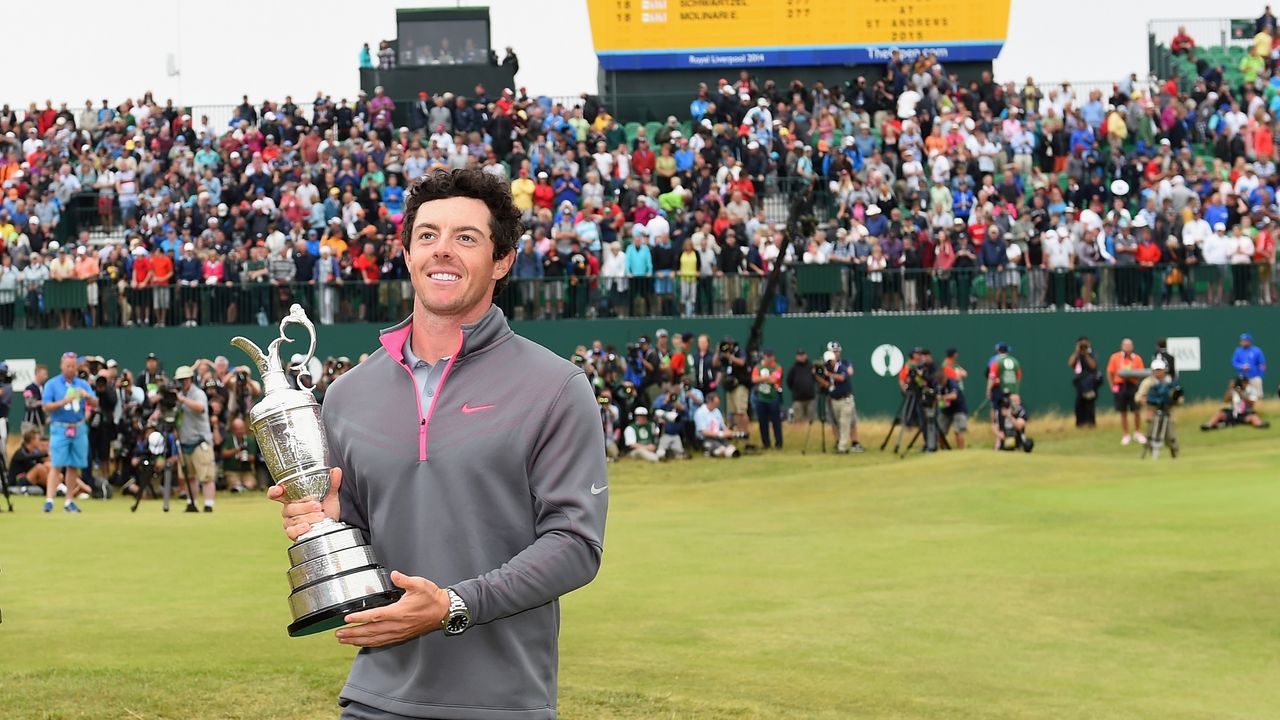 Rory McIlroy holds the Claret Jug at Royal Liverpool