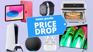 A collage featuring an iPad, Apple Watch, oven, PS5, Echo Dot, AirPods Pro, and LG OLED TV