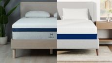 The Helix Midnight mattress is seen on the left of the image and the Amerisleep AS3 is seen on the right hand side of the image