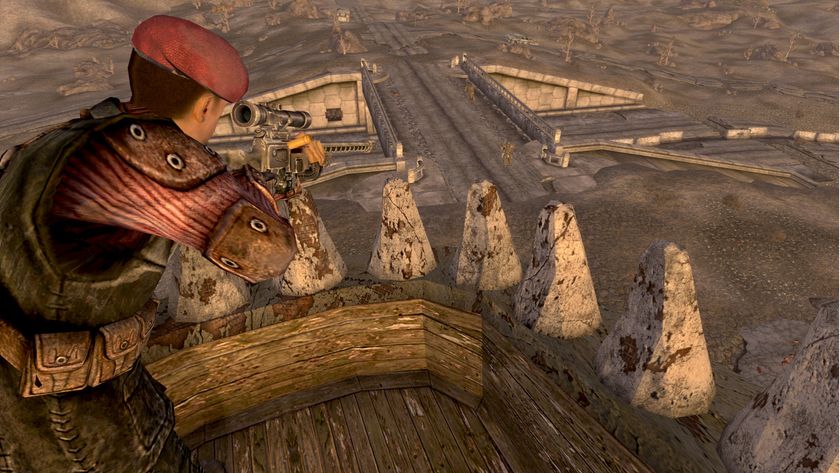 Fallout New Vegas screenshot showing a sniper looking over the wasteland from the jaws of a dinosaur statue