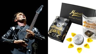 Matt Bellamy of Music shreds on his Manson signature model, on the right, the new deluxe edition of his signature Manson fuzz, which comes with pick tin, and other ephemera