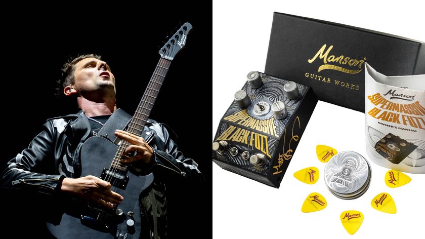 Matt Bellamy of Music shreds on his Manson signature model, on the right, the new deluxe edition of his signature Manson fuzz, which comes with pick tin, and other ephemera