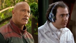 Dwayne Johnson stands with a look of concern in Red One, pictured next to Andy Kaufman wearing headphones in Taxi.