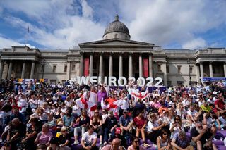Supporters gather to watch the UEFA Women's Euro 2022 final football match being played at Wembley Stadium between England and Germany, at the fan zone in Trafalgar Square, central London, on July 31, 2022.