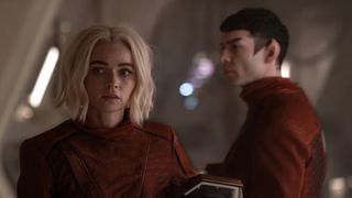 Jess Bush as Christine Chapel and Ethan Peck as Spock in Star Trek: Strange New Worlds season 3.