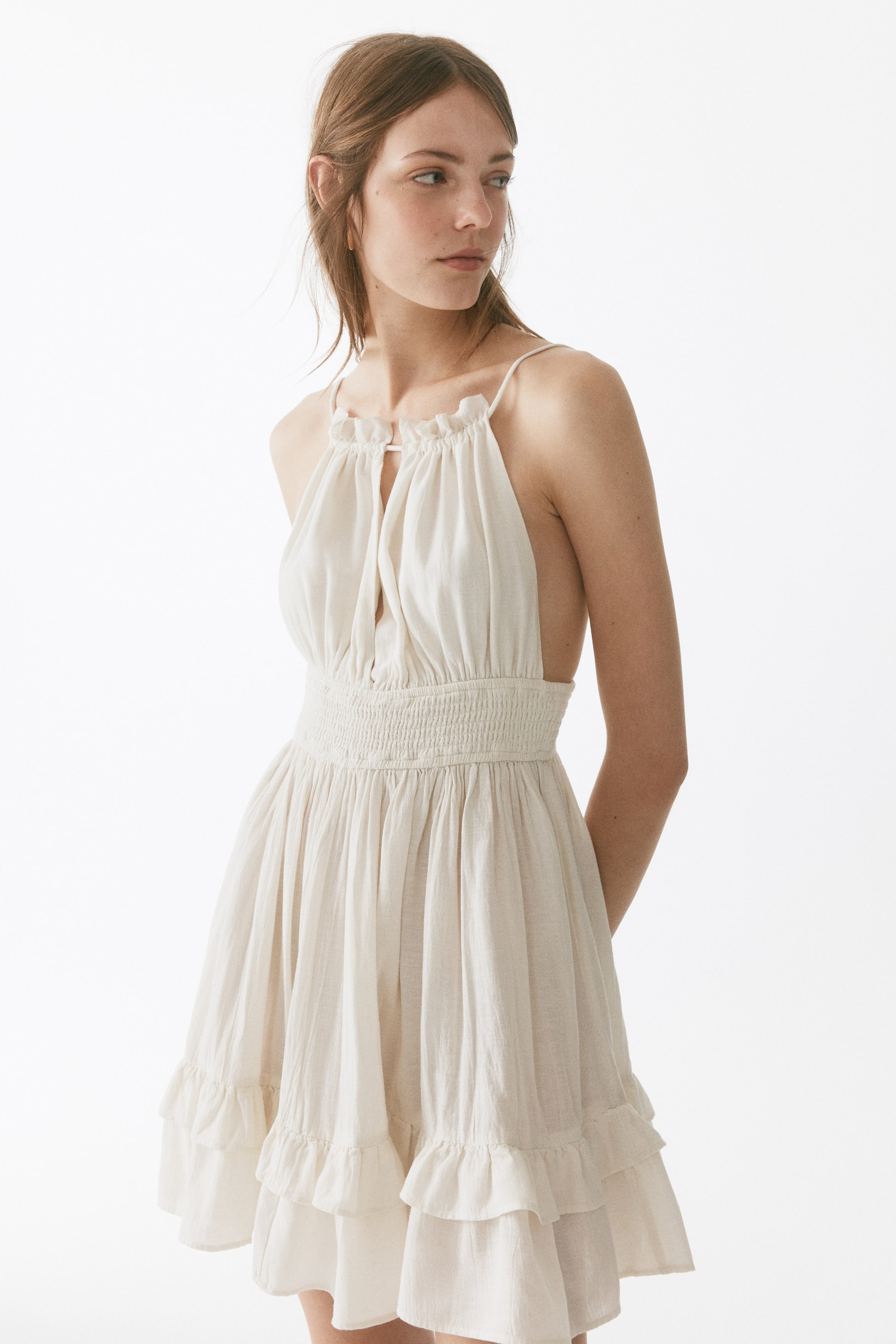 Flared-Skirt Linen-Blend Dress